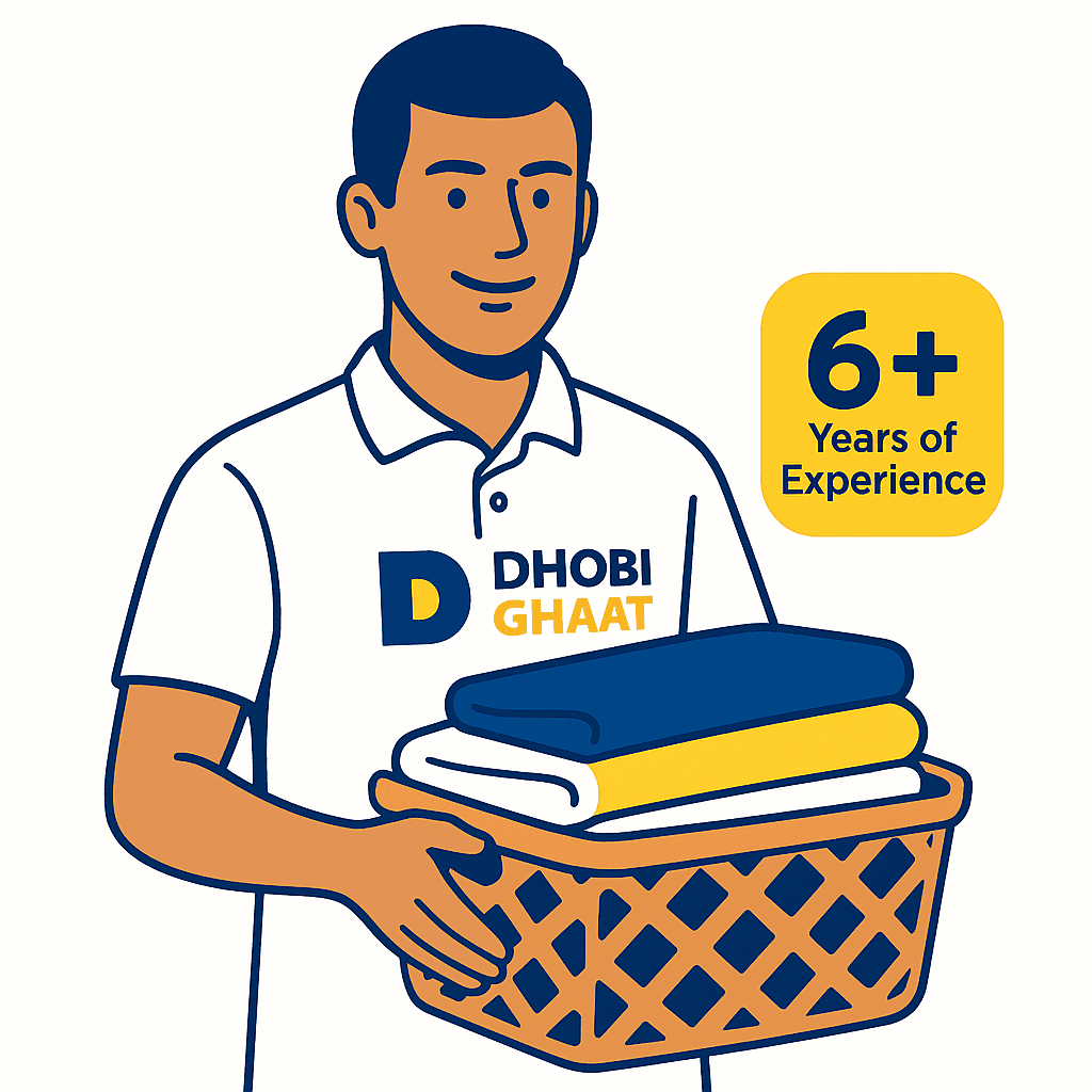 DhobiGhaat staff holding freshly cleaned laundry basket